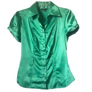 Vintage Le Château Y2K Satin Emerald Green Button-up Collared Shirt Blouse XS